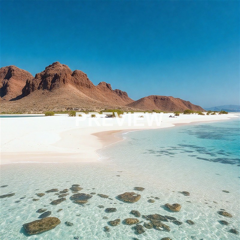 A pristine beach with white sand and clear turquoise water, backed by reddish-brown mountains under a bright blue sky.